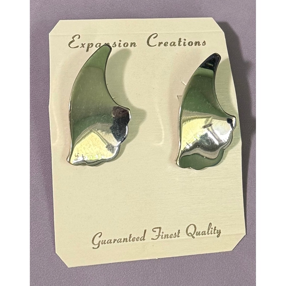 Expansion Creations Silver Tone Wing Stud Earrings Sculptural Statement Vintage